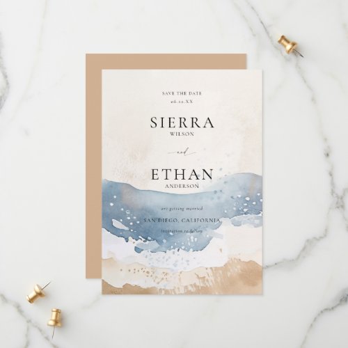 Coastal Blue Ocean Beach Wave Sand Elegant Wedding Save The Date