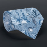 Coastal Blue Ocean Pattern  Neck Tie<br><div class="desc">This ocean inspired nautical tie features a marine underwater pattern in classic shades of blue with a variety of sea creatures such as sea horses,  jellyfish,  coral,  starfish,  seaweed,  and shells.</div>