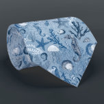 Coastal Blue Ocean Pattern  Neck Tie<br><div class="desc">This ocean inspired nautical tie features a marine underwater pattern in classic shades of blue with a variety of sea creatures such as sea horses,  jellyfish,  coral,  starfish,  seaweed,  and shells.</div>