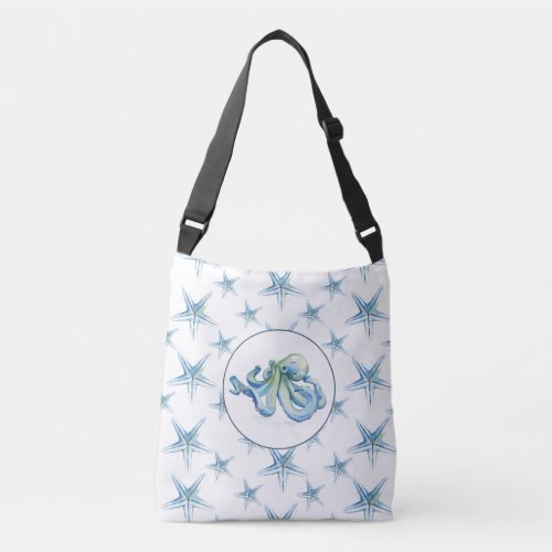 Coastal Blue Octopus and Starfish Watercolor Crossbody Bag
