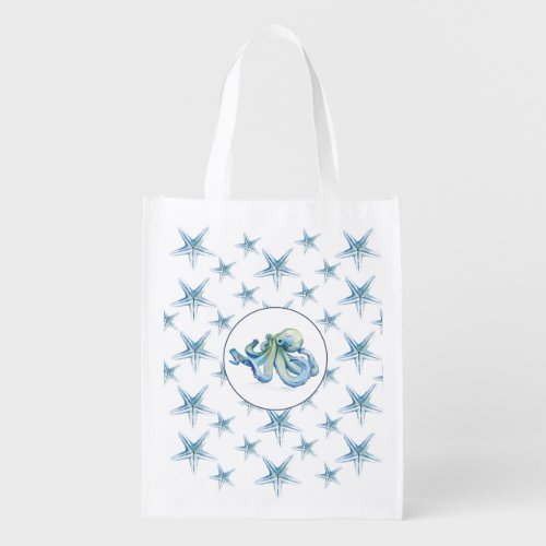 Coastal Blue Octopus and Starfish Watercolor Grocery Bag