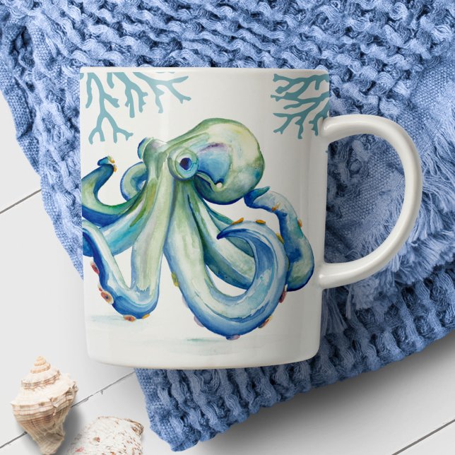 Coastal Blue Octopus Watercolor Beach Coffee Mug (Beach-themed coffee mugs feature ocean-inspired art by Victoria Grigaliunas of Do Tell A Belle)