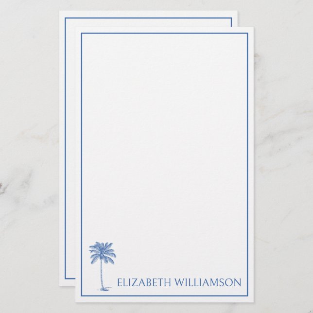 Coastal Blue Palmetto Palm Tree Personalized Stationery (Front/Back)