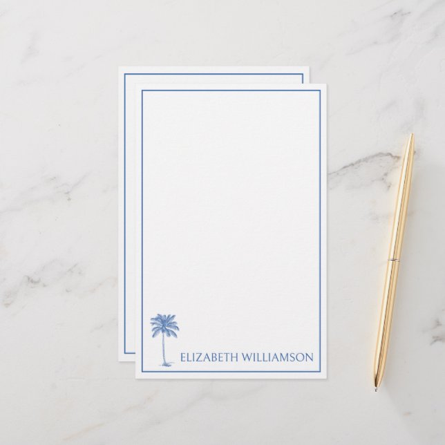 Coastal Blue Palmetto Palm Tree Personalized Stationery (Front/Back In Situ)
