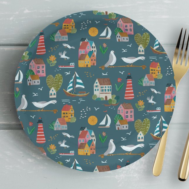 Coastal blue pattern boy baby shower party paper plates (Coastal boy baby shower party paper plates)