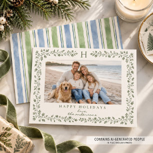 Coastal Blue Sage Floral Family Photo Monogram Holiday Card