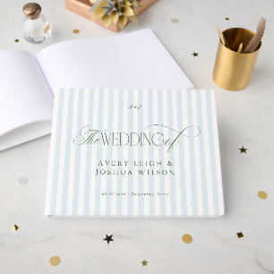 Coastal Blue Sage Green Elegant Stripes Wedding Guest Book