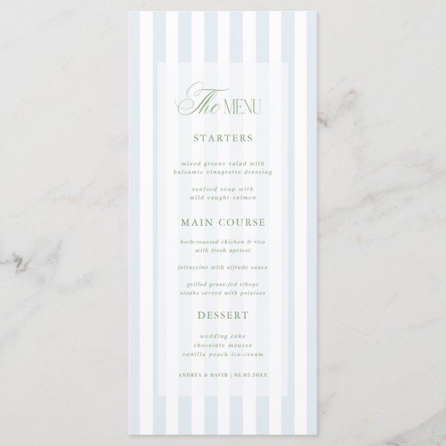 Coastal Blue & Sage Green Elegant Stripes Wedding Menu (Front)