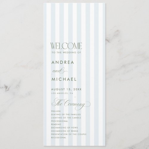 Coastal Blue Sage Green Elegant Stripes Wedding Program