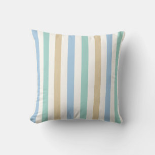 Coastal Blue, Sand and White Vertical Stripe Throw Pillow