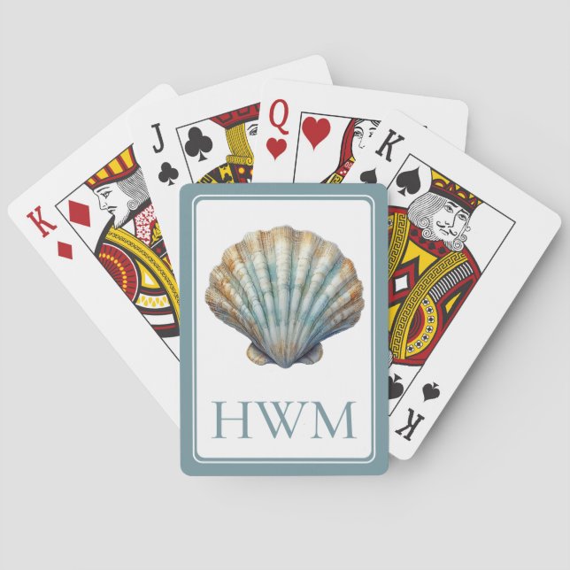 Coastal Blue Scallop Seashell Monogram Poker Cards (Back)