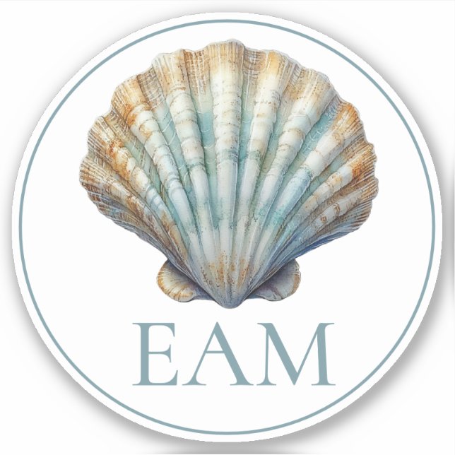 Coastal Blue Scallop Seashell Monogram Sticker (Front)