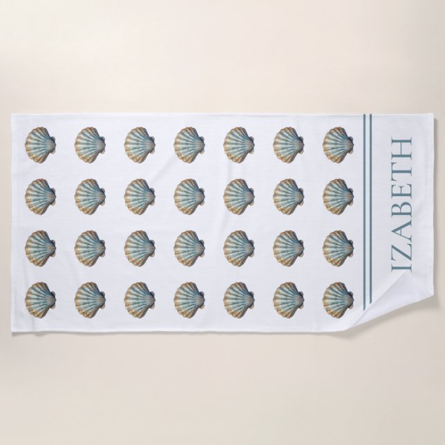 Coastal Blue Scallop Seashell Personalized Beach Towel (Front)