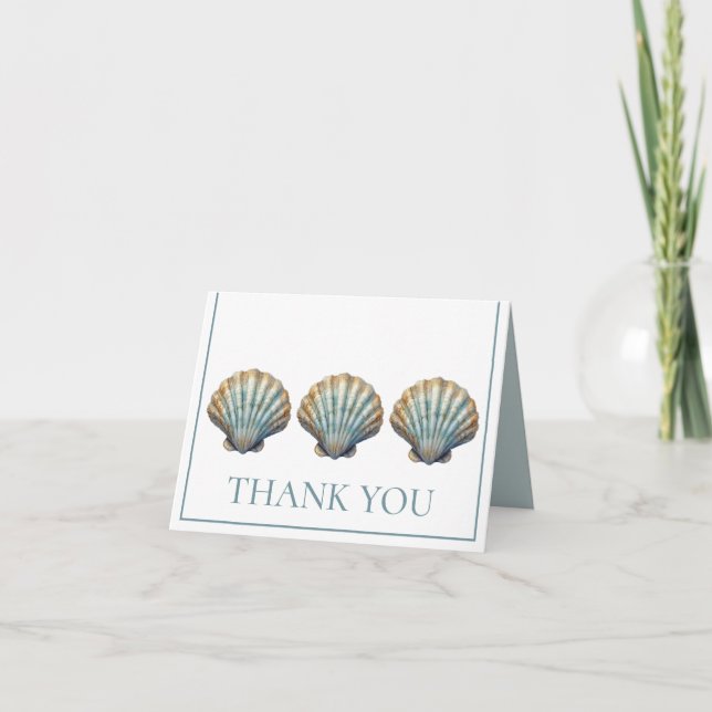 Coastal Blue Scallop Seashell Personalized Letterpress Thank You Card (Front)