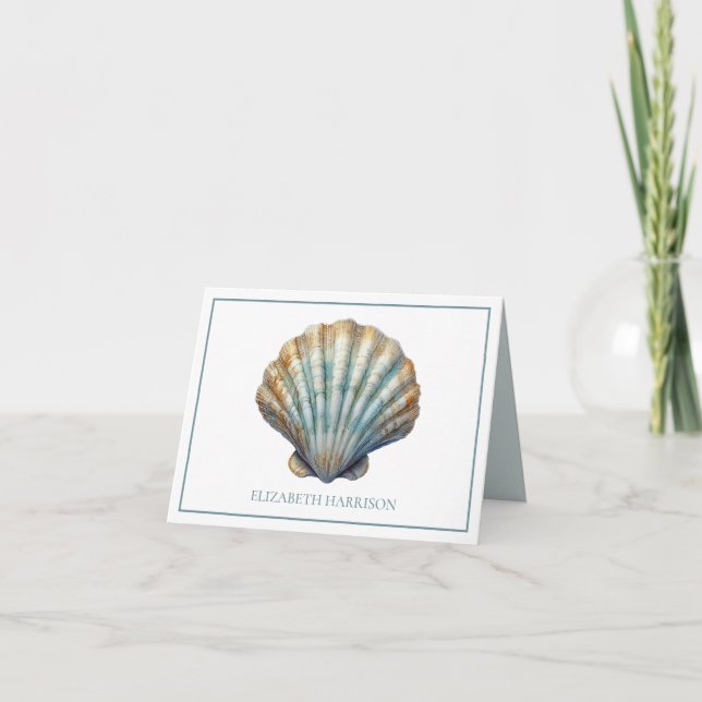 Coastal Blue Scallop Seashell Personalized Note Card (Front)