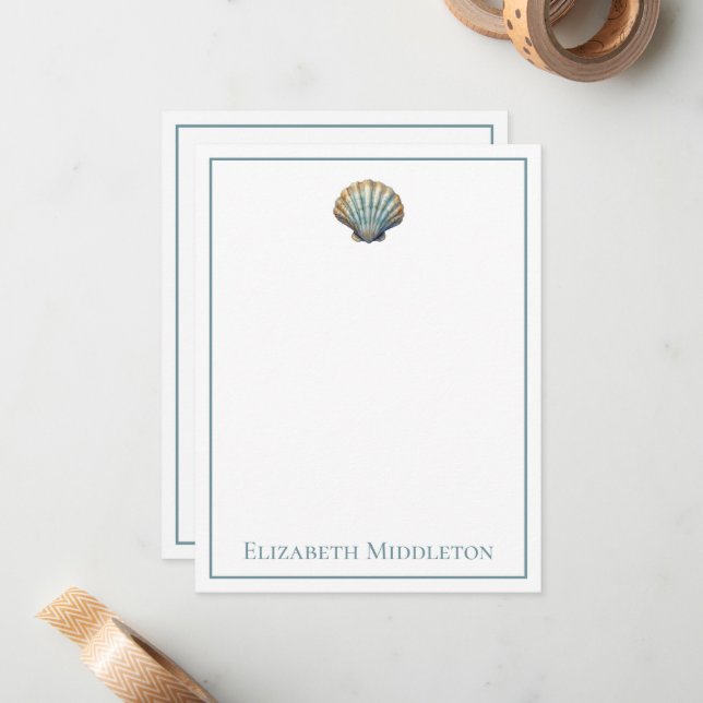 Coastal Blue Scallop Seashell Personalized Note Card (Front/Back In Situ)