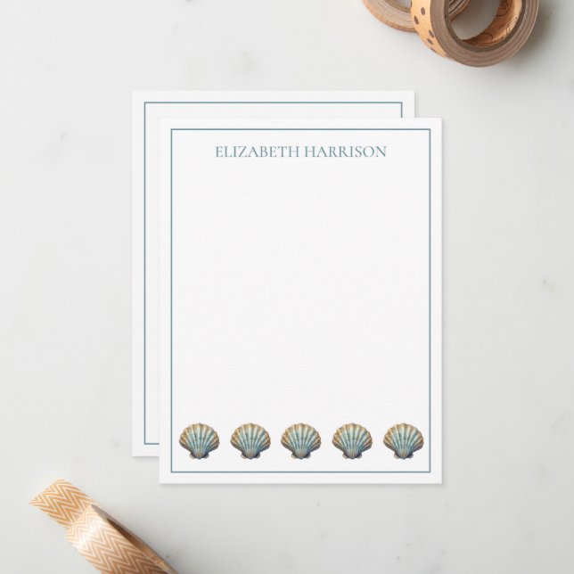 Coastal Blue Scallop Seashells Personalized Note Card (Front/Back In Situ)