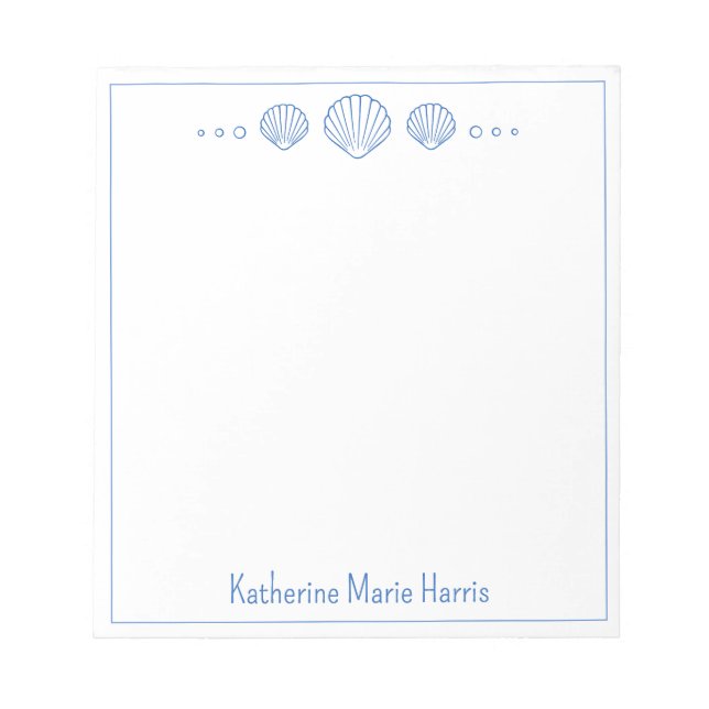 Coastal Blue Scallop Seashells Personalized Notepad (Front)
