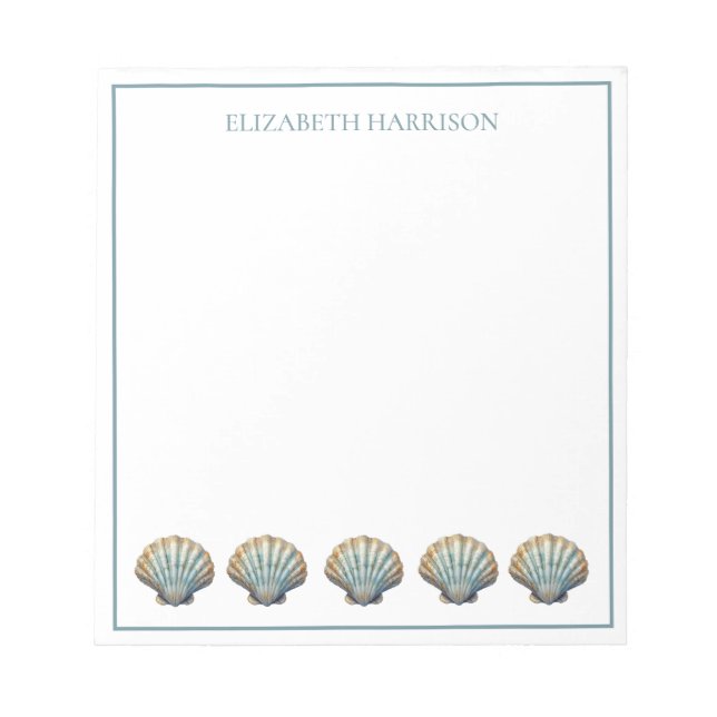 Coastal Blue Scallop Seashells Personalized Notepad (Front)