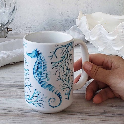 Coastal Blue Seahorse and Coral Watercolor Coffee Mug