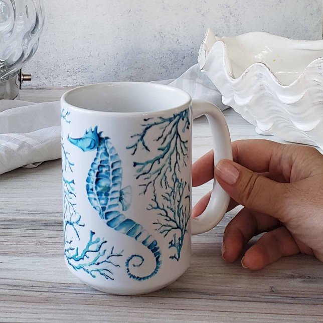 Coastal Blue Seahorse and Coral Watercolor Coffee Mug (Beach-themed coffee mugs feature unique blue seahorse art by Victoria Grigaliunas of Do Tell A Belle)