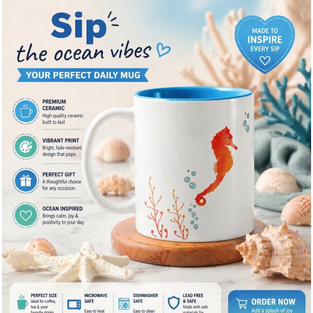Coastal Blue Seahorse and Coral Watercolor Coffee  Two-Tone Coffee Mug (Creator Uploaded)