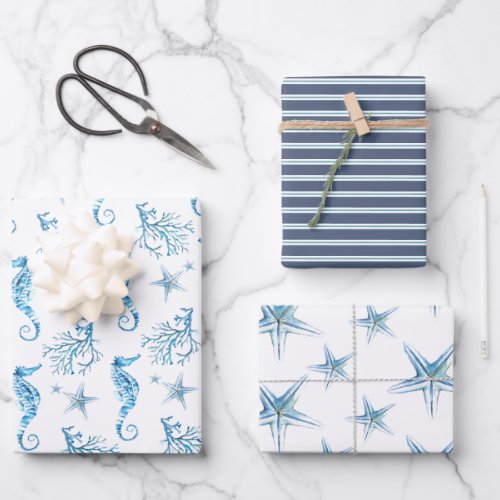 Coastal Blue Seahorse  Coral Watercolor Wrapping Paper Sheets