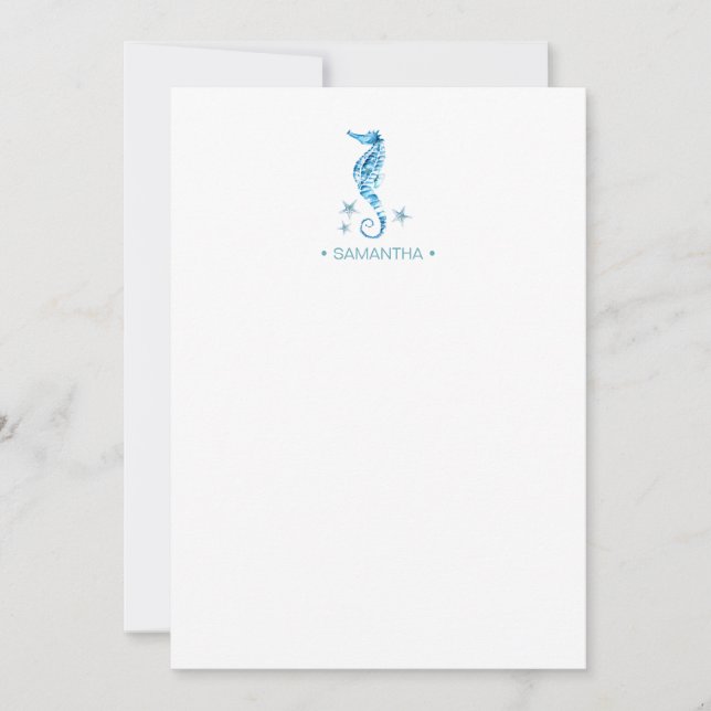  Coastal Blue Seahorse Personalized Stationery Note Card (Front)
