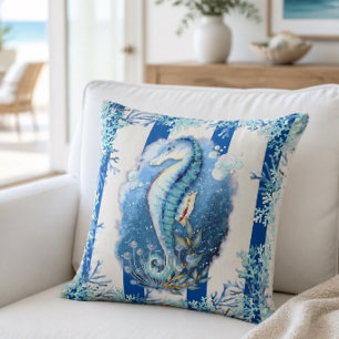 Coastal Blue Seahorse Throw Pillow