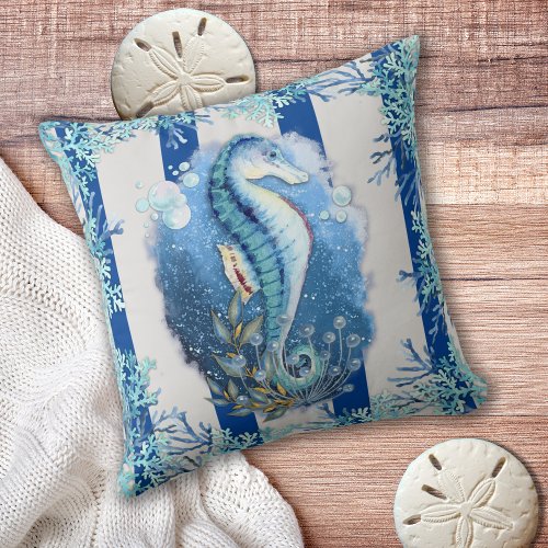 Coastal Blue Seahorse Throw Pillow