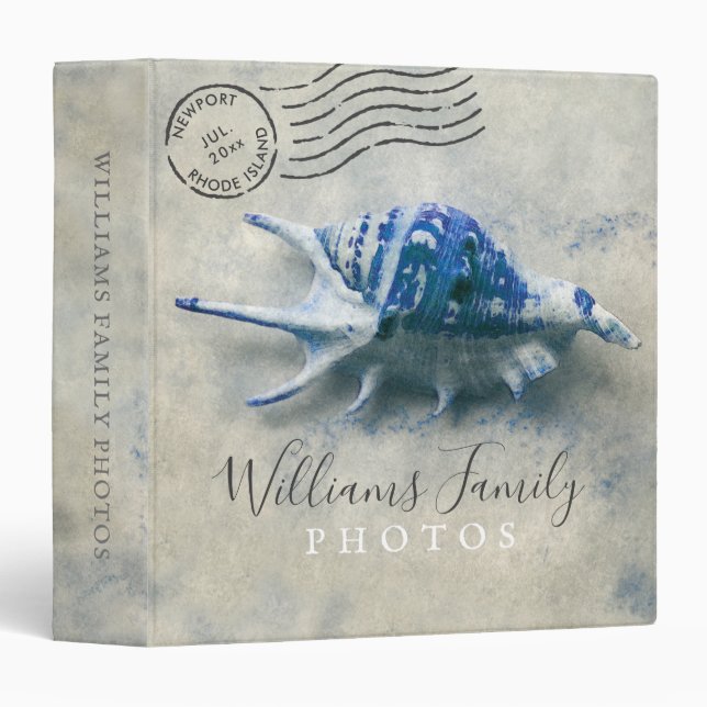 Coastal Blue Seashell Beach Sand Family Photos 3 Ring Binder (Front/Spine)