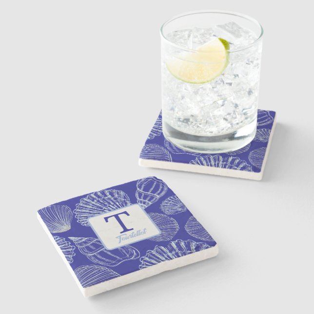 Coastal Blue Seashell Monogram Name Stone Coaster (Side)