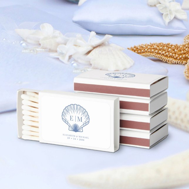 Coastal Blue Seashell Monogram Wedding Matchboxes (Creator Uploaded)