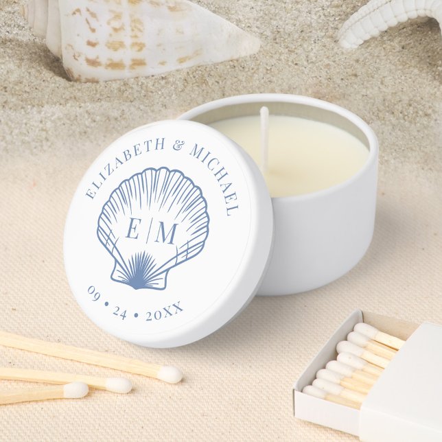 Coastal Blue Seashell Monogram Wedding Mini Candle Favors (Creator Uploaded)