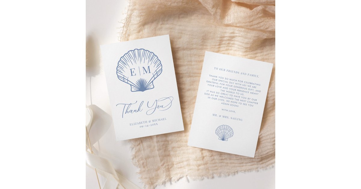 Coastal Blue Seashell Monogram Wedding Thank You Card | Zazzle