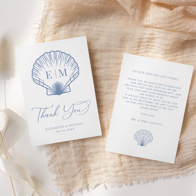 Coastal Blue Seashell Monogram Wedding Thank You Card (Creator Uploaded)