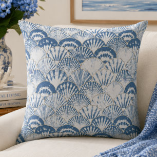 Coastal Blue Seashell Pattern Beach Throw Pillow