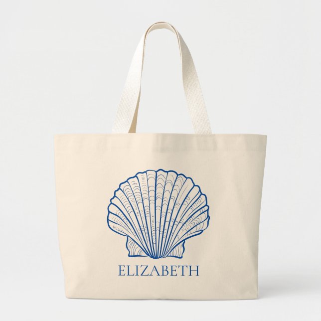 Coastal Blue Seashell Personalized Girl's Weekend Large Tote Bag (Front)