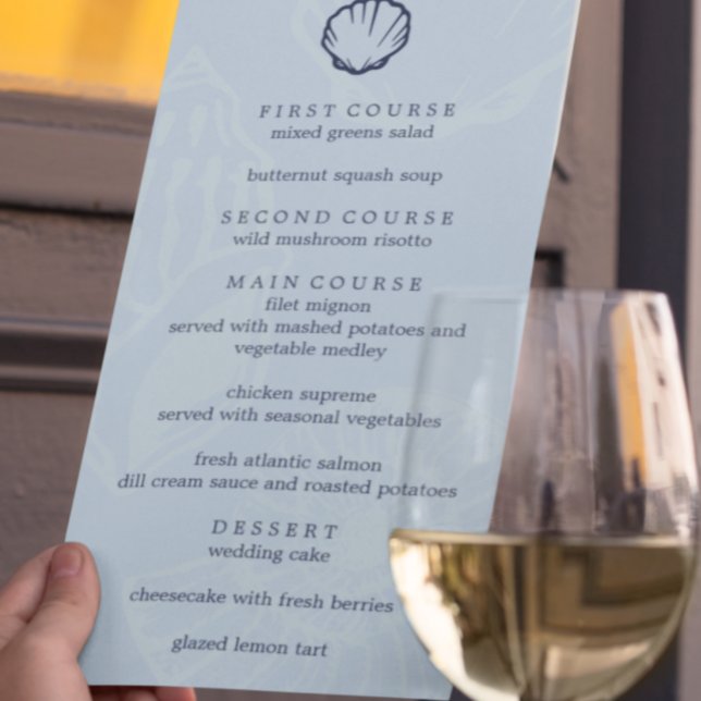 Coastal Blue Seashells Wedding Menu (Creator Uploaded)