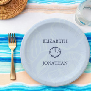 Coastal Blue Seashells Wedding Paper Plates