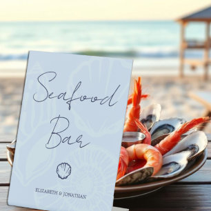 Coastal Blue Seashells Wedding Seafood Bar Pedestal Sign