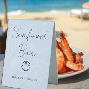 Coastal Blue Seashells Wedding Seafood Bar Table Tent