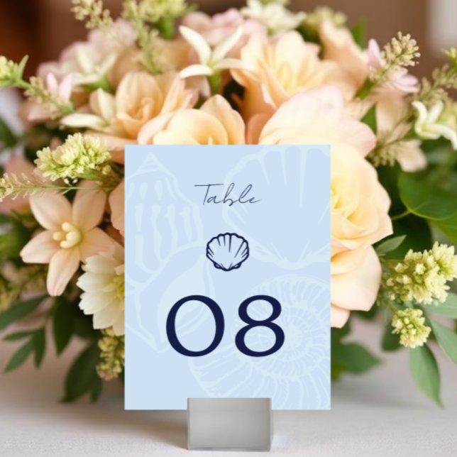 Coastal Blue Seashells Wedding Table Number (Creator Uploaded)
