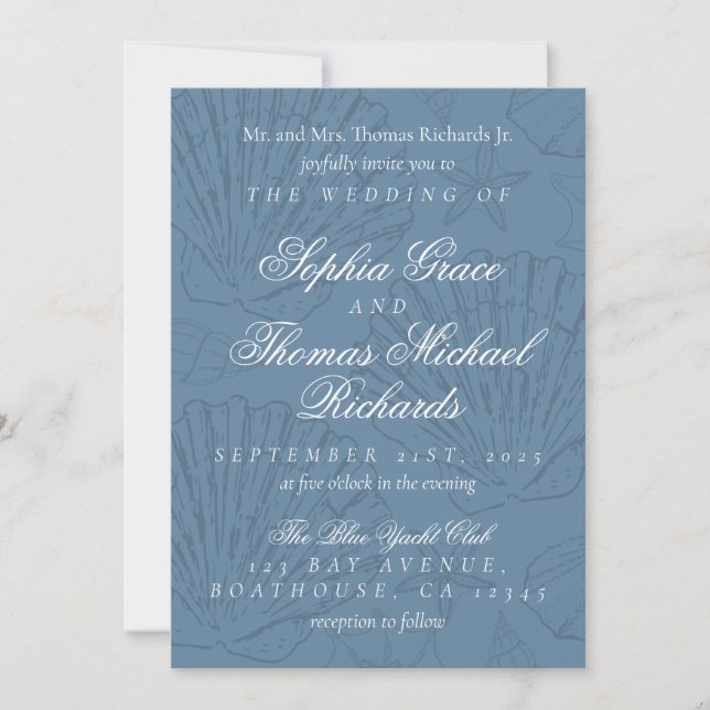 Coastal Blue Shell Destination Wedding Invitation (Front)