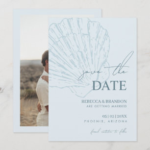 Coastal Blue Shell Hand Drawn Seashell Wedding Save The Date