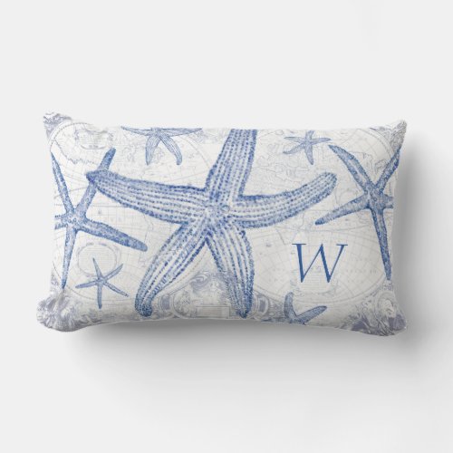 Coastal Blue Starfish Map Monogrammed Initial Lumbar Pillow