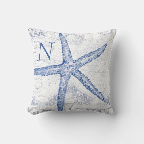 Coastal Blue Starfish Map Monogrammed Initial Throw Pillow