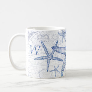 Coastal Blue Starfish Monogrammed Initial Coffee Mug