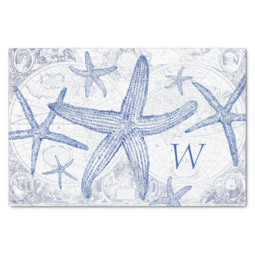 Coastal Blue Starfish Pattern Monogrammed Initial Tissue Paper