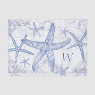 Coastal Blue Starfish Pattern Monogrammed Initial Tissue Paper